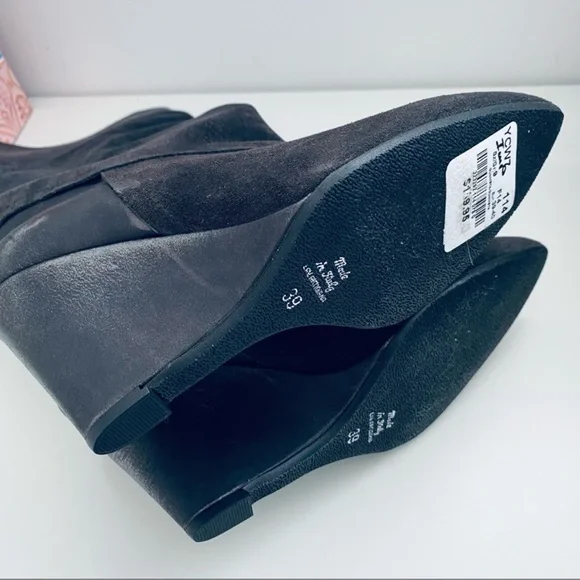 Black Suede Wedge Boots New Leather Black Pointed Toe Retro Style Size 9 - Picture 9 of 12